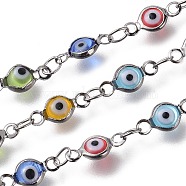 Handmade Evil Eye Lampwork Link Chains, Soldered, with Brass Findings, with Spool, Long-Lasting Plated, Flat Round, Gunmetal, Mixed Color, 10x4.5x2mm, Hole: 1.5mm, about 32.8 Feet(10m)/roll(CHC-F009-01A-B)