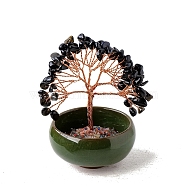 Natural Obsidian Chips Tree of Life Decorations with Bowl Base, Copper Wire Feng Shui Energy Stone Gift for Women Men Meditation, 80~100mm(PW-WG1DC7A-06)