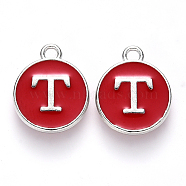 Platinum Plated Alloy Enamel Charms, Cadmium Free & Lead Free, Enamelled Sequins, Flat Round with Letter, Letter.T, 14x12x2mm, Hole: 1.5mm(X-ENAM-S118-03T-P)