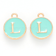 Golden Plated Alloy Enamel Charms, Cadmium Free & Lead Free, Enamelled Sequins, Flat Round with Letter, Turquoise, Letter.L, 14x12x2mm, Hole: 1.5mm(X-ENAM-S118-05L)
