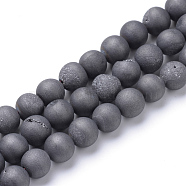 Electroplated Natural Druzy Geode Agate Bead Strands, Matte Style, Round, Gray Plated, 8~9mm, Hole: 1mm, about 46pcs/strand, 15.3 inch(X-G-R345-8mm-52)