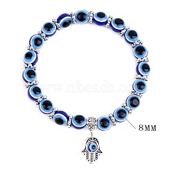 8mm Evil Eye Beaded Stretch Bracelets, Zinc Alloy Hamsa Hand Charm Bracelets for Women Men(SP9992-2)