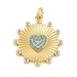 Brass Micro Pave Sky Blue Cubic Zirconia Pendants, Flat Round with Heart Charms, Golden, 23x20x2.5mm, Hole: 3.2mm(CU-CBA4A93-02C-G)