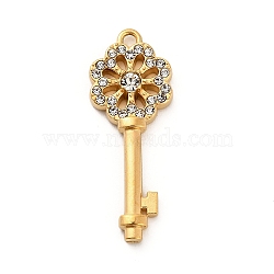 304 Stainless Steel Rhinestone Pendants, Real 18K Gold Plated, Key, 29.5x11x3.5mm, Hole: 1.6mm(STAS-P385-03D-G)