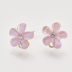 Alloy Rhinestone Stud Earring Findings, with Acrylic, Raw(Unplated) Pin and Loop, Flower, Golden, Pink, 12~13x12mm, Hole: 1.4mm, Pin: 0.7mm(X-PALLOY-N0149-20B)