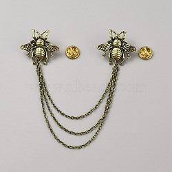 Double Bee Hanging Chain Brooch, Alloy Tassel Lapel Pin for Suit Shirt Collar, Antique Golden, 170mm(JEWB-WH0030-19AG)