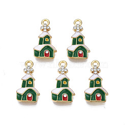 Rack Plating Alloy Enamel Pendants, with Crystal Rhinestone, Cadmium Free & Nickel Free & Lead Free, Light Gold, Christmas, House, Green, 22x11.5x3mm, Hole: 1.8mm(ENAM-N055-147B)