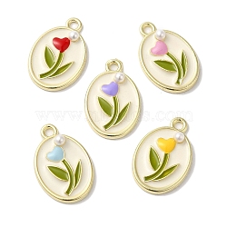 Rack Plating Alloy Enamel Pendants, with ABS Imitation Pearl, Cadmium Free & Nickel Free & Lead Free, Oval with Flower Charms, Golden, Mixed Color, 20x13x3.5mm, Hole: 1.8mm(X-FIND-I039-033G)
