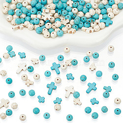 240pcs 4 Styles Synthetic Turquoise Beads, Cross & Round, Mixed Dyed and Undyed, Mixed Color, 8~16x8~12x3.5~8mm, Hole: 1mm(TURQ-AR0001-42)