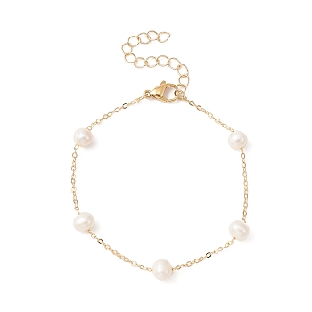 Natural Pearl Beaded Chain Bracelet, Brass Jewelry, Golden, 7-1/4 inch(18.5cm)
