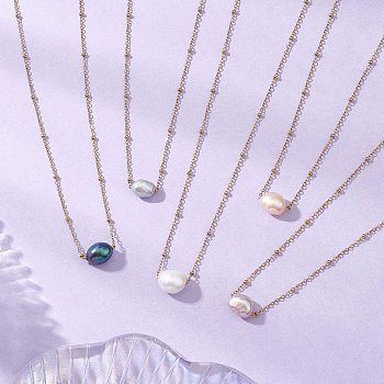 Natural Cultured Freshwater Pearl Potato Pendant 304 Stainless Steel Satellite Chain Necklaces for Women, Mixed Dyed and Undyed, Mixed Color, Golden, 15.87 inch(40.3cm)