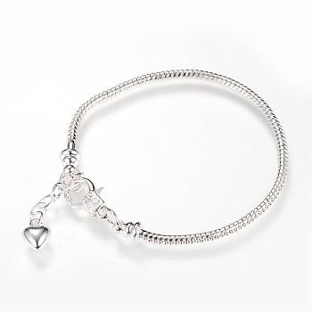 Brass European Style Bracelet Making, with Iron Extender Chain, Silver, 7-5/8 inch(195mm)x2.5mm