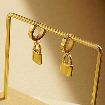 Lock Stainless Steel Hoop Earrings for Women, Real 18K Gold Plated, 31x10mm