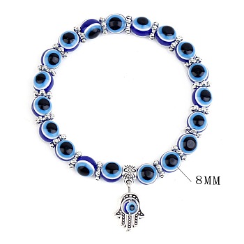 8mm Evil Eye Beaded Stretch Bracelets, Zinc Alloy Hamsa Hand Charm Bracelets for Women Men