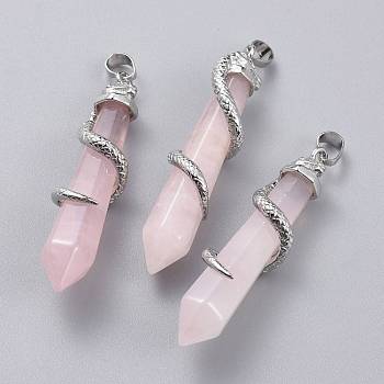 Natural Rose Quartz Big Pointed Pendants, with Platinum Plated Brass Bails, Faceted, Bullet with Snake, 59~61.5x11~12x11~12mm, Hole: 5x8mm