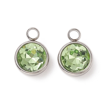 Glass Charms, May Birthstone Charms, Faceted, with 304 Stainless Steel Findings, Flat Round, Light Green, 14x10x6.5mm, Hole: 2.5mm