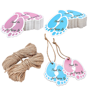 PandaHall Elite 2 Sets 2 Colors Footprint Paper Tags, Gift Tags, with 2 Bundles Hemp Cord, for Gift Packaging, Mixed Color, Paper Tag: 6.1x5.5x0.03cm, 1 color/set, 50pcs/color