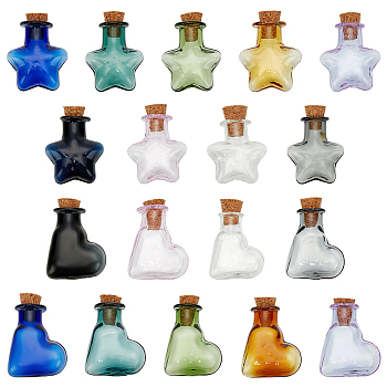 2 Bags 2 Styles Mini Glass Bottle, with Cork Plug, Wishing Bottle, for Charms Making, Star & Heart, Mixed Color, Mixed Shapes, 2.6~3x2~2.1x1~1.1cm, 9pcs/bag, 1 bag/style