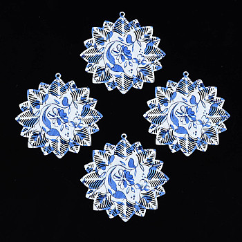 430 Stainless Steel Pendants, Spray Painted, Etched Metal Embellishments, Flower with Flower Pattern, White, 46x44x0.3mm, Hole: 1.5mm