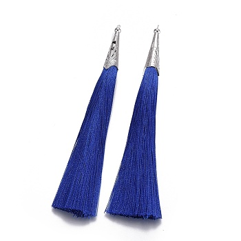 Polyester Tassel Big Pendant Decorations, with Alloy Finding, Platinum, Blue, 125~135x18~20mm, Hole: 1.5~1.8mm