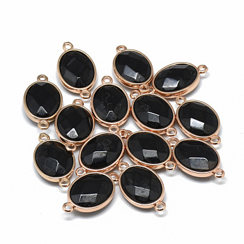 Dyed Natural Black Agate Links connectors, with Golden Tone Brass Findings, Faceted, Oval, 25x14x6~7mm, Hole: 2mm