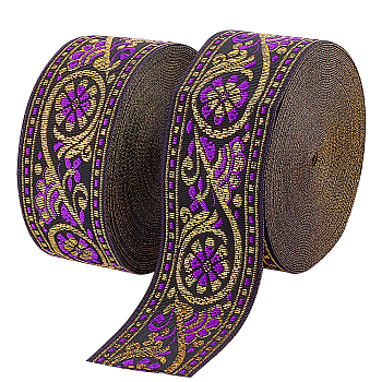 Ethnic Style Embroidery Polyester Ribbons, Jacquard Ribbon, Tyrolean Ribbon, Garment Accessories, Flower Pattern, Blue Violet, 1-3/8 inch(34mm), 0.5mm, about 7.66 Yards(7m)/pc