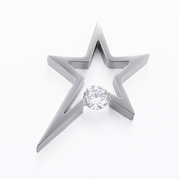 304 Stainless Steel Pendants, with Cubic Zirconia, Star, Stainless Steel Color, 33x24.5x6mm, Hole: 3mm