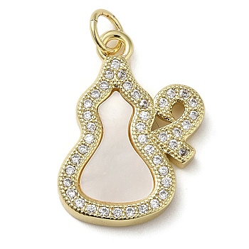 Brass Micro Pave Cubic Zirconia Pendants, with Shell, Gourd, Real 18K Gold Plated, 20.5x15x2.5mm