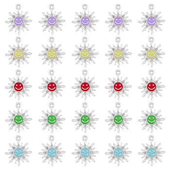 SUPERFINDINGS 50Pcs 5 Colors Alloy Enamel Pendants, with Crystal Rhinestone, Smiling Sun Charms, Mixed Color, 22.5x19.5x2.5mm, Hole: 2mm, 10pcs/color