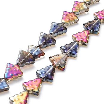 Transparent Electroplate Glass Bead Strands, Half Rainbow Plated, Christmas Trees, Magenta, 15.5~16x14.5~15x4.5~5mm, Hole: 1mm, about 40pcs/strand, 25.20~25.59(64~65cm)