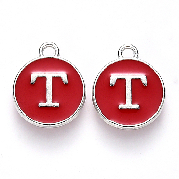 Platinum Plated Alloy Enamel Charms, Cadmium Free & Lead Free, Enamelled Sequins, Flat Round with Letter, Letter.T, 14x12x2mm, Hole: 1.5mm