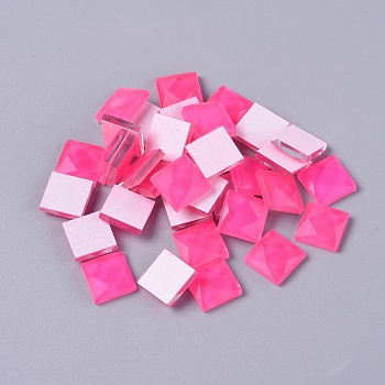 Faceted Glass Cabochons, Mosaic Tiles, for Home Decoration or DIY Crafts, Square, Fuchsia, 9.5x9.5x3.8mm, about 90pcs/bag