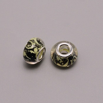 Acrylic European Beads, Large Hole Beads, Printing, Rondelle, Dark Khaki, 14x9mm, Hole: 5mm