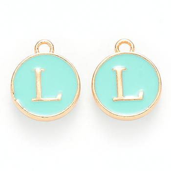 Golden Plated Alloy Enamel Charms, Cadmium Free & Lead Free, Enamelled Sequins, Flat Round with Letter, Turquoise, Letter.L, 14x12x2mm, Hole: 1.5mm