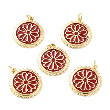 Real 18K Gold Plated Brass Pendants, with Enamel, Long-Lasting Plated, Flat Round with Flower, Red, 22.5x19.5x2mm, Jump Ring: 5x1mm, 3mm Inner Diameter