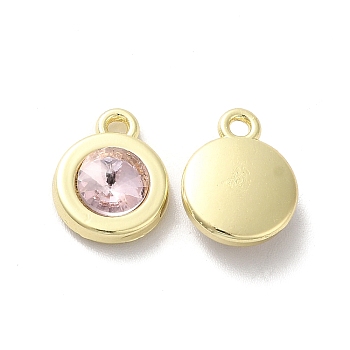Alloy Pendant, with Glass, Light Gold, Lead Free & Cadmium Free, Falt Round Charm, Misty Rose, 12.5x10x4mm, Hole: 1.5mm