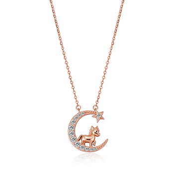 Chinese Zodiac Necklace Horse Necklace 925 Sterling Silver Rose Gold Horse on the Moon Pendant Charm Necklace Zircon Moon and Star Necklace Cute Animal Jewelry Gifts for Women, Horse, 15 inch(38cm)