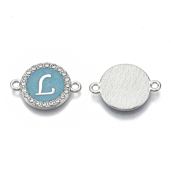 Alloy Enamel Links Connectors, with Crystal Rhinestones, Flat Round with Letter, Silver Color Plated, Letter.L, 22x16x2mm, Hole: 1.8mm