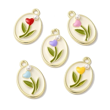 Rack Plating Alloy Enamel Pendants, with ABS Imitation Pearl, Cadmium Free & Nickel Free & Lead Free, Oval with Flower Charms, Golden, Mixed Color, 20x13x3.5mm, Hole: 1.8mm