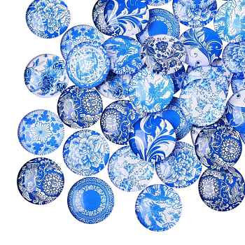 50Pcs Blue and White Printed Glass Cabochons, Half Round/Dome, Steel Blue, 25x7mm