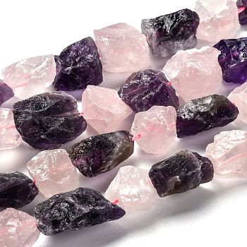 Rough Raw Natural Rose Quartz & Amethyst Beads Strands, Nuggets, 14~21x13~23x8~15mm, Hole: 1.6mm, about 24pcs/strand, 15.55''(39.5cm)