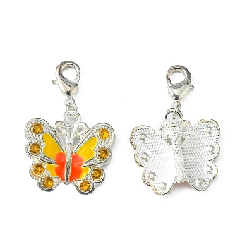 Silver Plated Alloy Enamel Rhinestone Pendants, with Brass Finding, Butterfly, Gold, 33mm