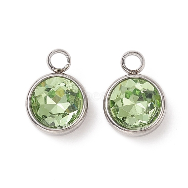 Stainless Steel Color Light Green Flat Round Stainless Steel+Glass Charms