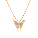 304 Stainless Steel Enamel Pendant Necklaces, Butterfly, Golden, Pearl Pink, 16.54 inch(42cm)(FS-WG8DC4E-02)