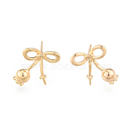 Brass Stud Earring Findings, for Half Drilled Beads, Bowknot, Cadmium Free & Nickel Free & Lead Free, Real 18K Gold Plated, 13.5x12mm, Pin: 0.7mm and 0.9mm(for half drilled beads)(KK-N216-538)