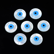 Natural White Shell Mother of Pearl Shell Beads, with Synthetic Turquoise, Flat Round with Evil Eye, Light Sky Blue, 15x3mm, Hole: 0.7mm(SSHEL-N034-79C-01)