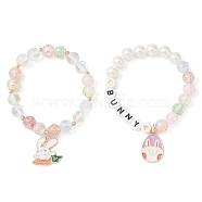2Pcs 2 Style Easter Theme Glass & Shell Pearl Beaded Stretch Bracelets Set, Acrylic Word Bunny Kids Bracelet with Alloy Enamel Rabbit Charms, Colorful, Inner Diameter: 1-3/4 inch(4.5cm), 1Pc/style(BJEW-TA00304)