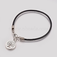 Unisex Charm Bracelets, with Cowhide Leather Cord, Tibetan Style Alloy Pendants and Lobster Claw Clasps, Flat Round with Tree of Life, Black, 7-1/4 inch~7-1/2 inch(18.5~19cm)(BJEW-JB04753-06)