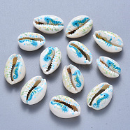 Printed Cowrie Shell Beads, No Hole/Undrilled, Sea Horse Pattern, Deep Sky Blue, 17.5~21.5x12~14.5x5.5~7.5mm(X-SSHEL-T013-01A)
