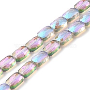 Transparent Electroplate Glass Beads Strands, Rainbow Plated, Faceted, Rectangle, Thistle, 9x6x4mm, Hole: 1.2mm, about 72pcs/strand, 25.98''(66cm)(EGLA-I017-03-FR01)